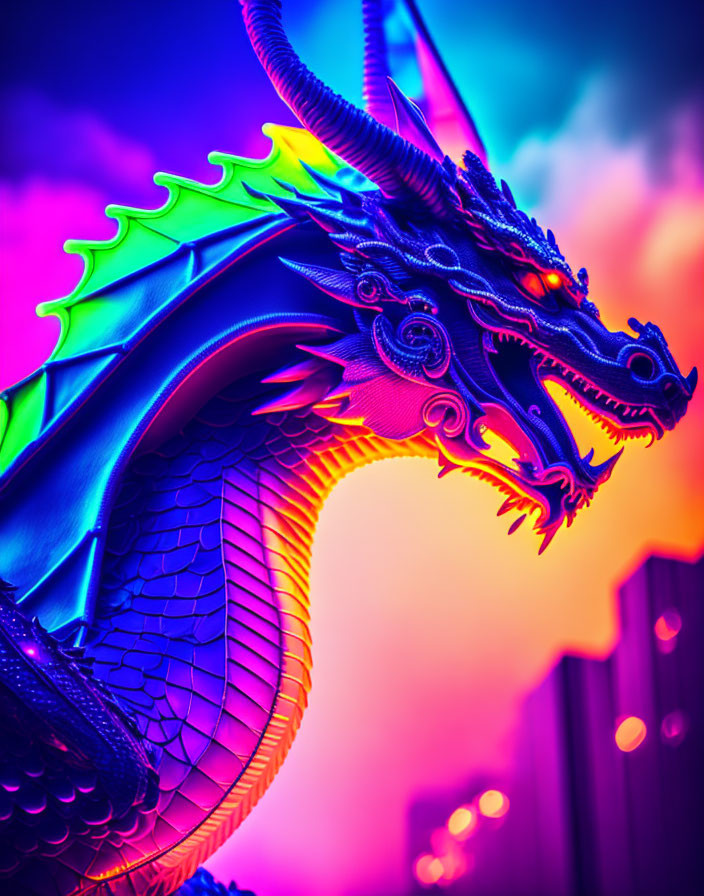 Dragon sculpture with neon lighting against dusk sky, intricate details and fantasy theme