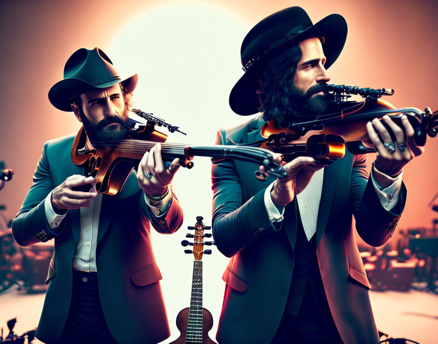 Two men in suits and wide-brimmed hats playing violins with a guitar in the background against