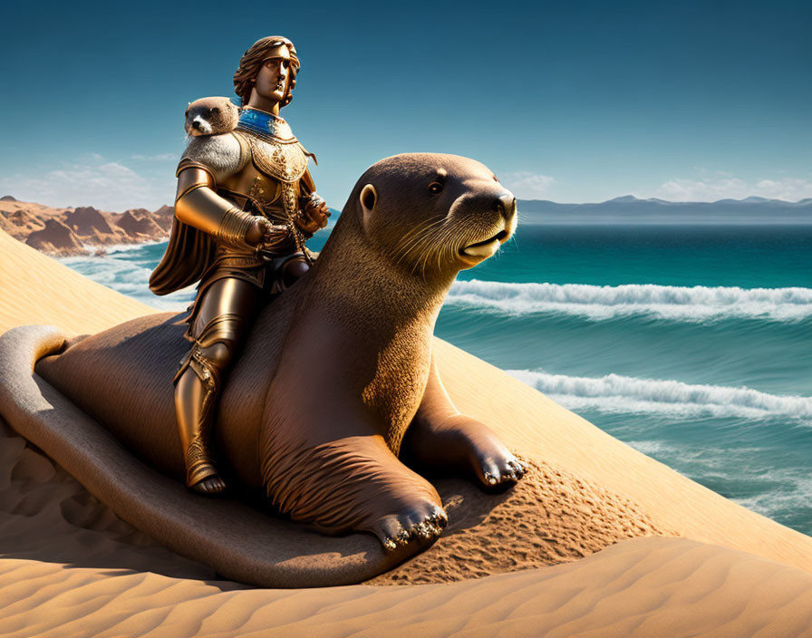 Golden-armored warrior with small creature on shoulder rides seal on sandy beach.