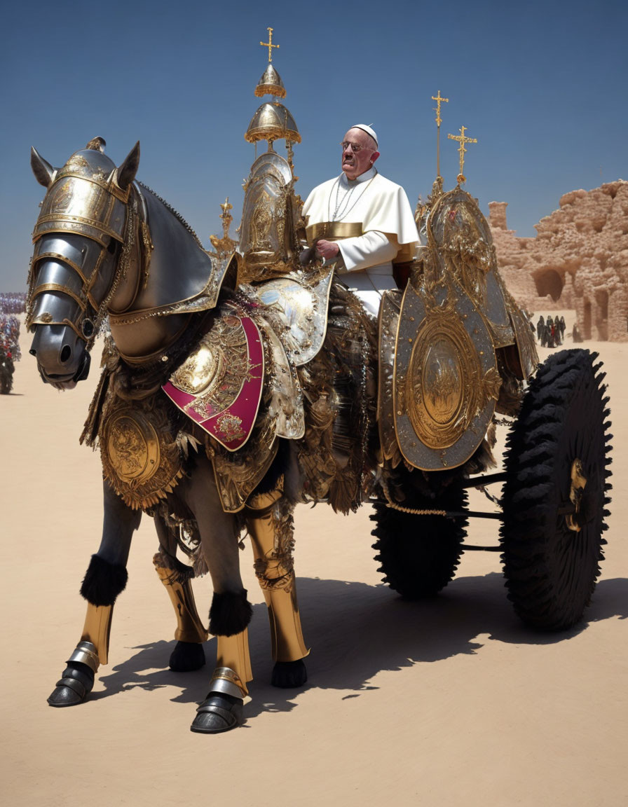 Religious figure in ornate horse-drawn carriage in desert landscape