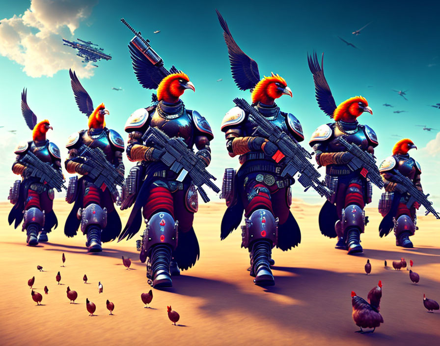 Animated parrot soldiers in futuristic armor march through desert with flying spaceships.