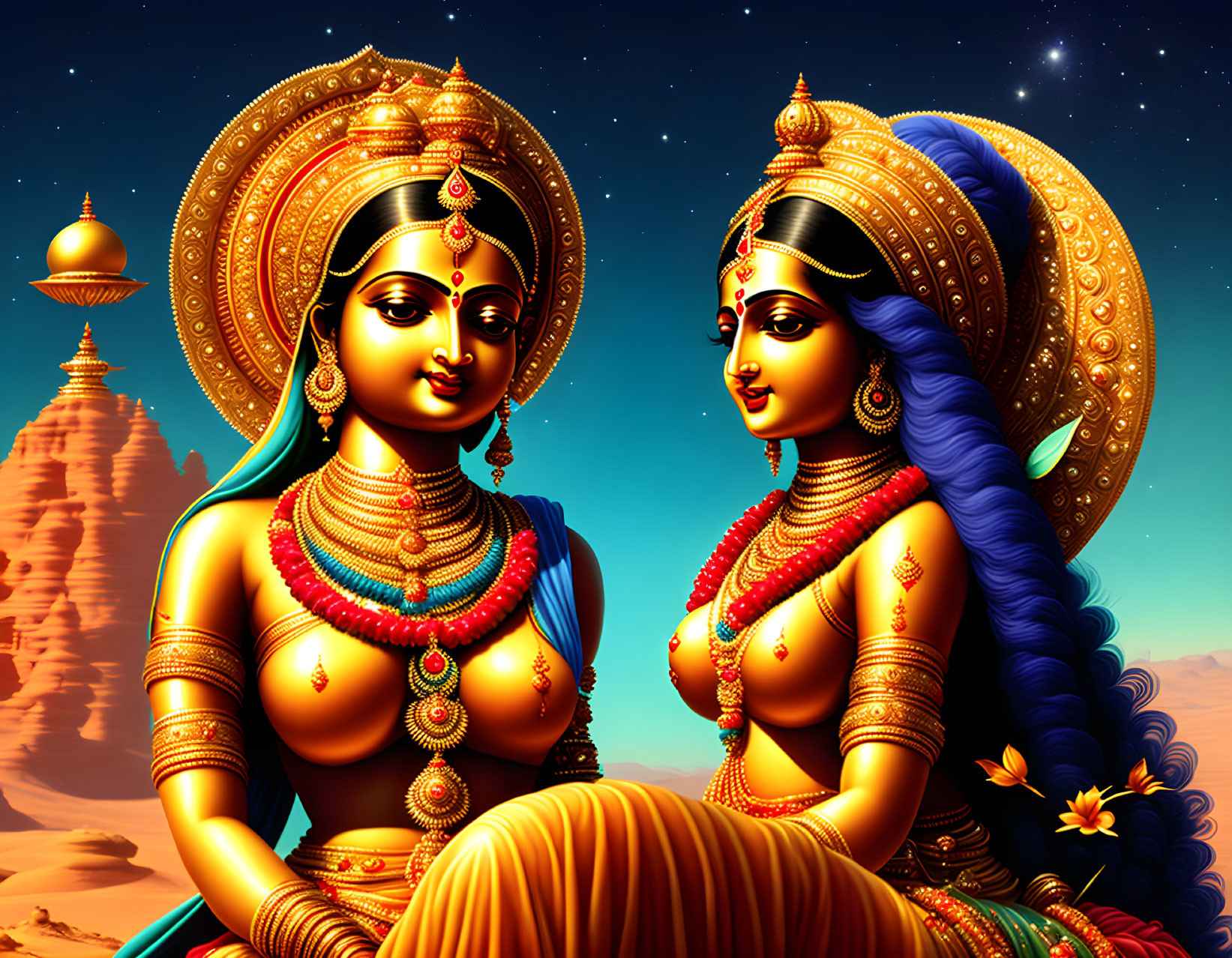 Stylized women in Indian attire with ornate jewelry under starry desert night