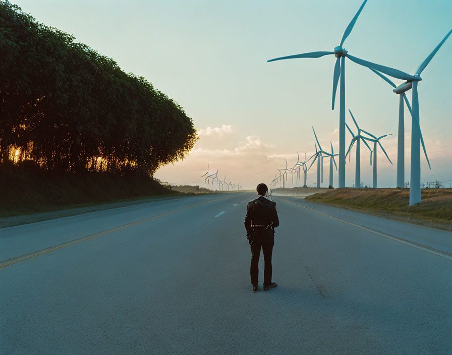 Person standing in road surrounded by wind turbines at sunset