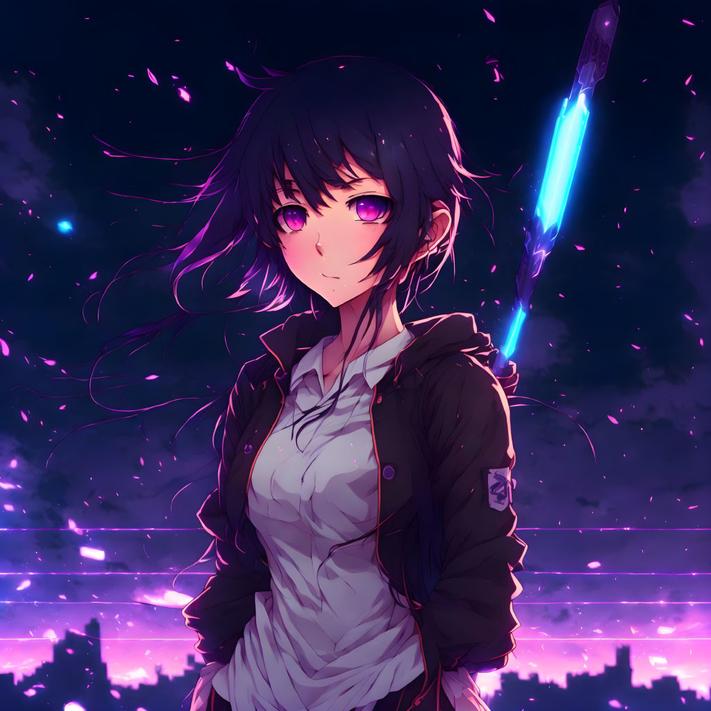 Purple-eyed anime girl with glowing blue sword in night sky with pink petals and city lights