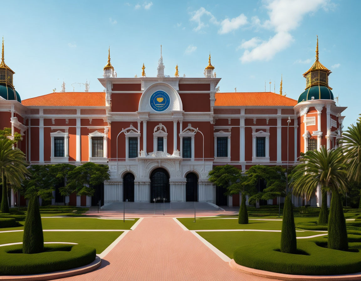 Symmetrical red building with spires and manicured surroundings