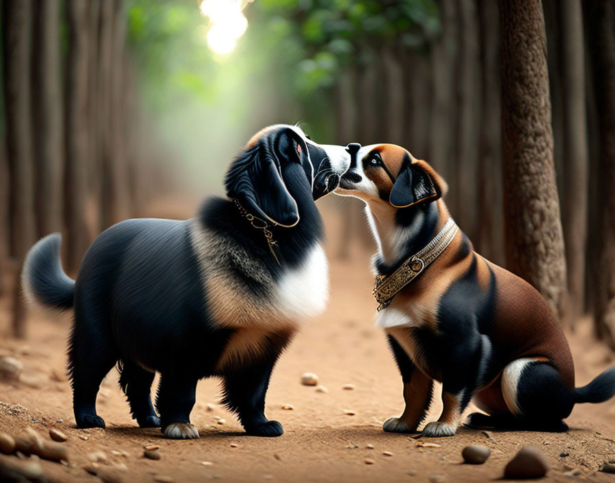 Stylized dogs with oversized bodies and small heads touching noses in forest scene