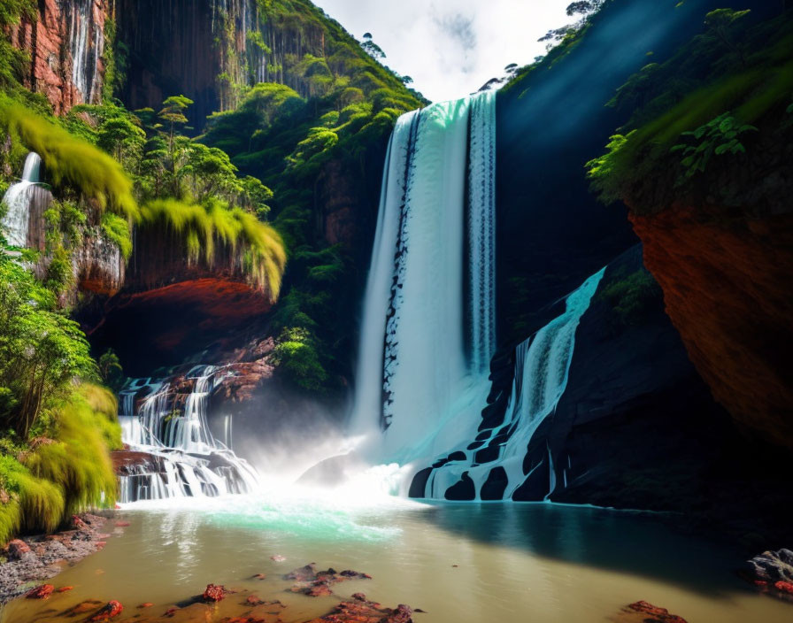 Scenic waterfall with lush cliffs and sunlight glare