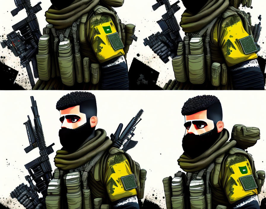 Set of stylized soldier illustrations with beard, scarf, glasses, and rifle against splattered background