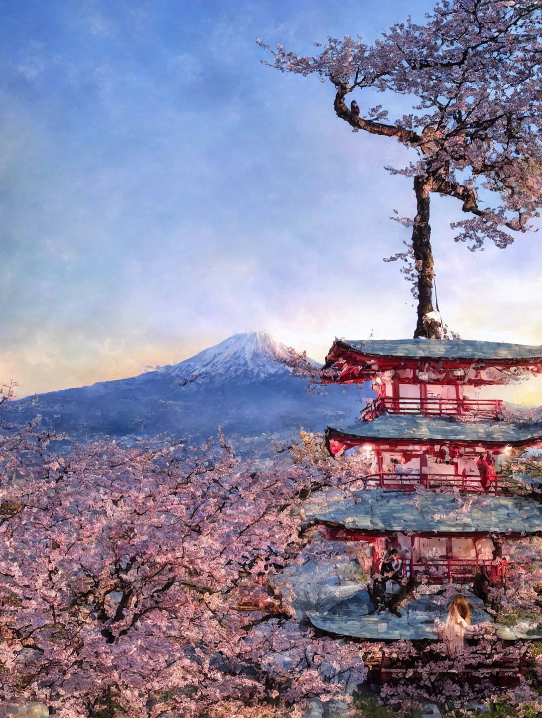 Red Pagoda with Cherry Blossoms, Mount Fuji, and Blue Sky