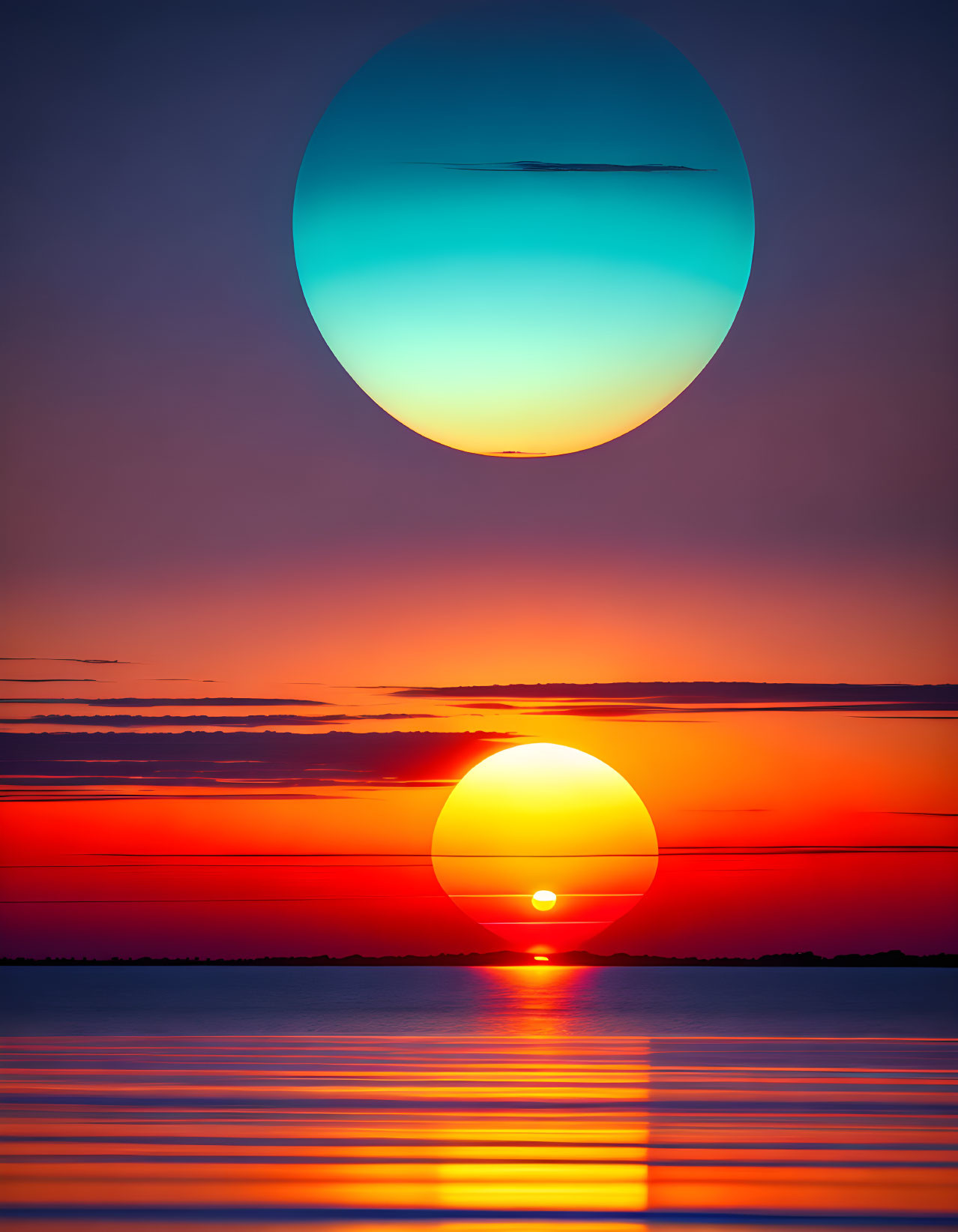 Dual suns over water in vivid digital art