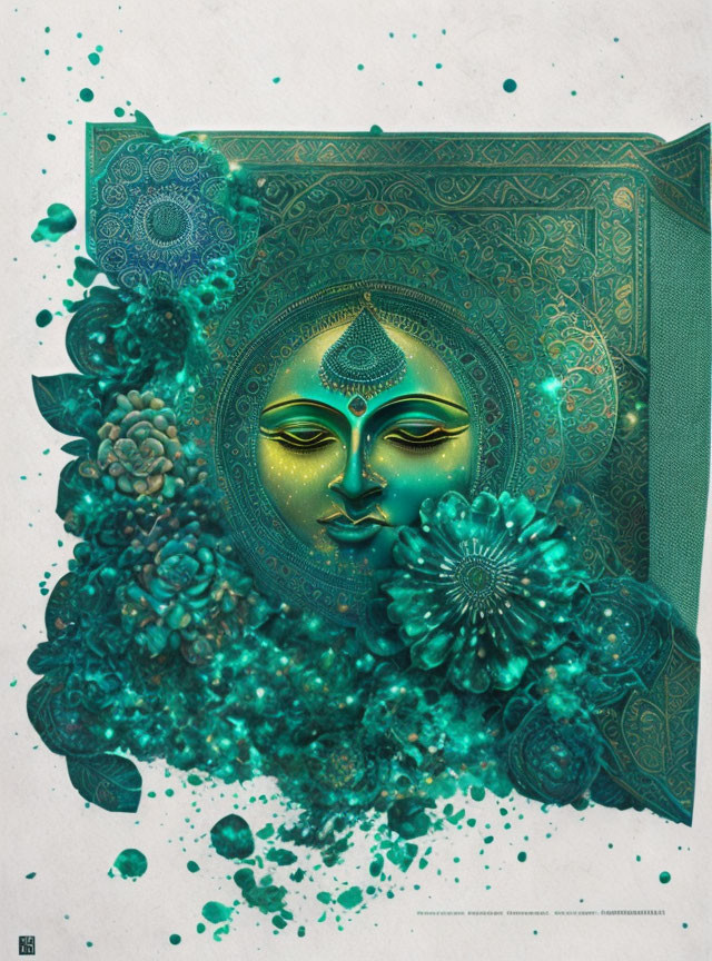 Golden face with teal patterns and flowers: mystical artwork.