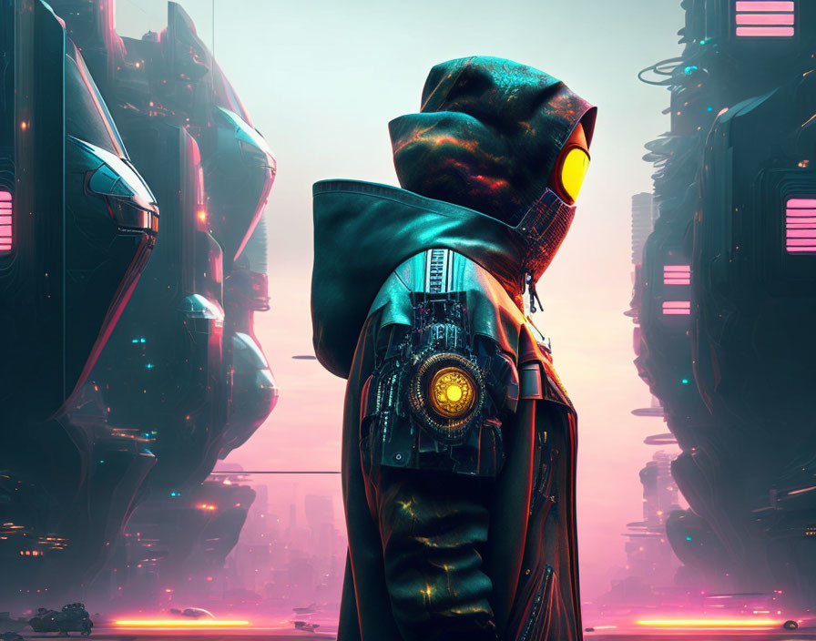 Futuristic figure in neon-lit cityscape with towering structures