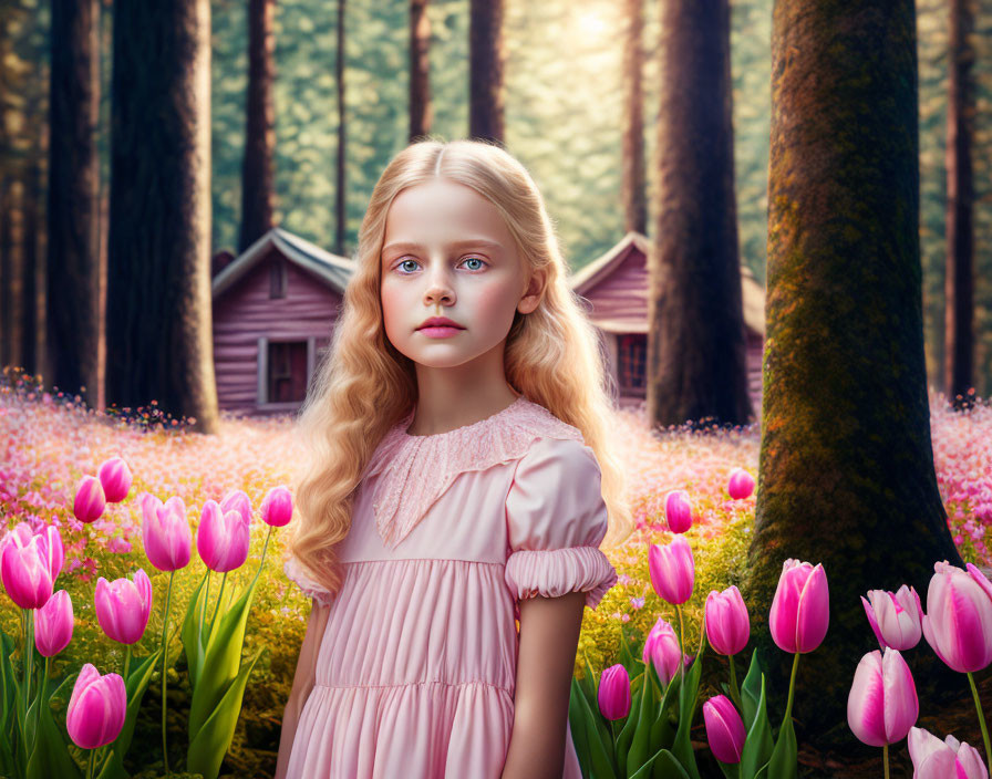 Young girl in pink dress surrounded by pink tulips and cabin in vibrant field