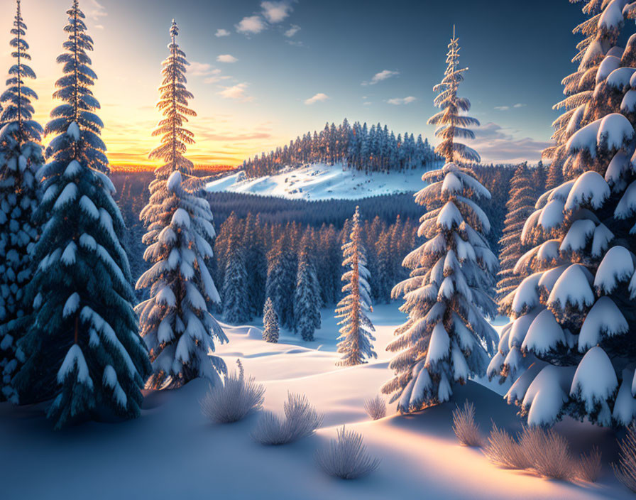 Sunset scene: Snowy pine trees under warm sky