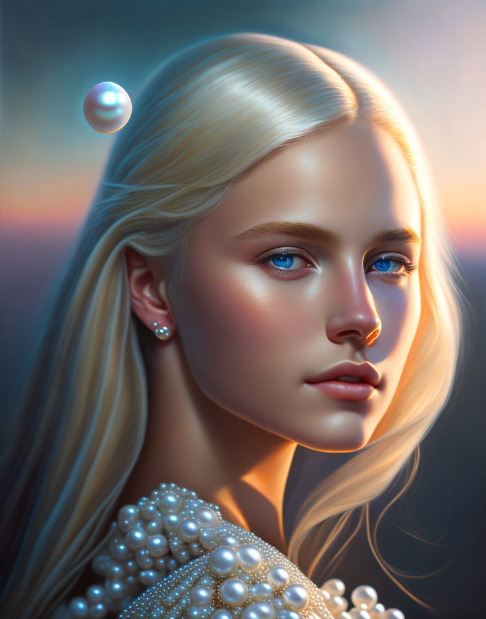 Portrait of young woman with blonde hair and blue eyes against sunset background