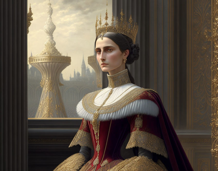 Regal person in ornate crown and royal attire gazing at palace spire.