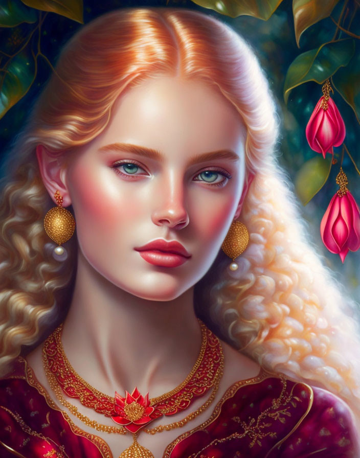 Blonde Curly-Haired Woman in Red and Gold Attire Portrait