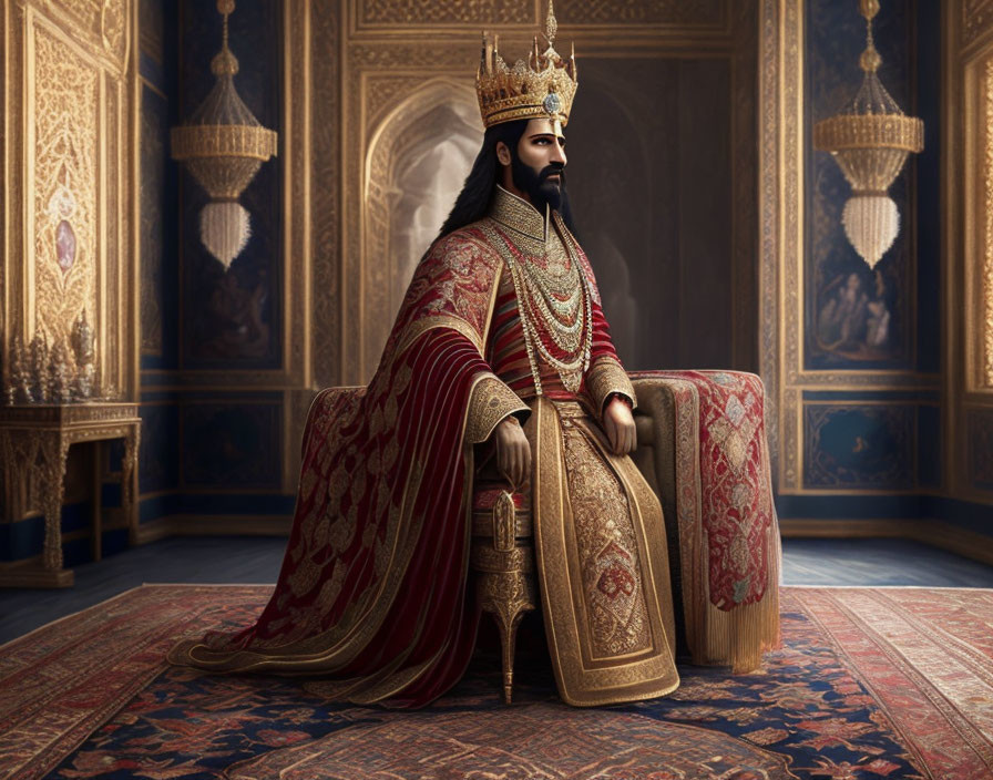 Regal figure in ornate robes and crown on throne in luxurious room