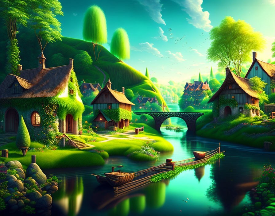 Fantasy village with thatched-roof cottages, green hills, river, stone bridge, boats