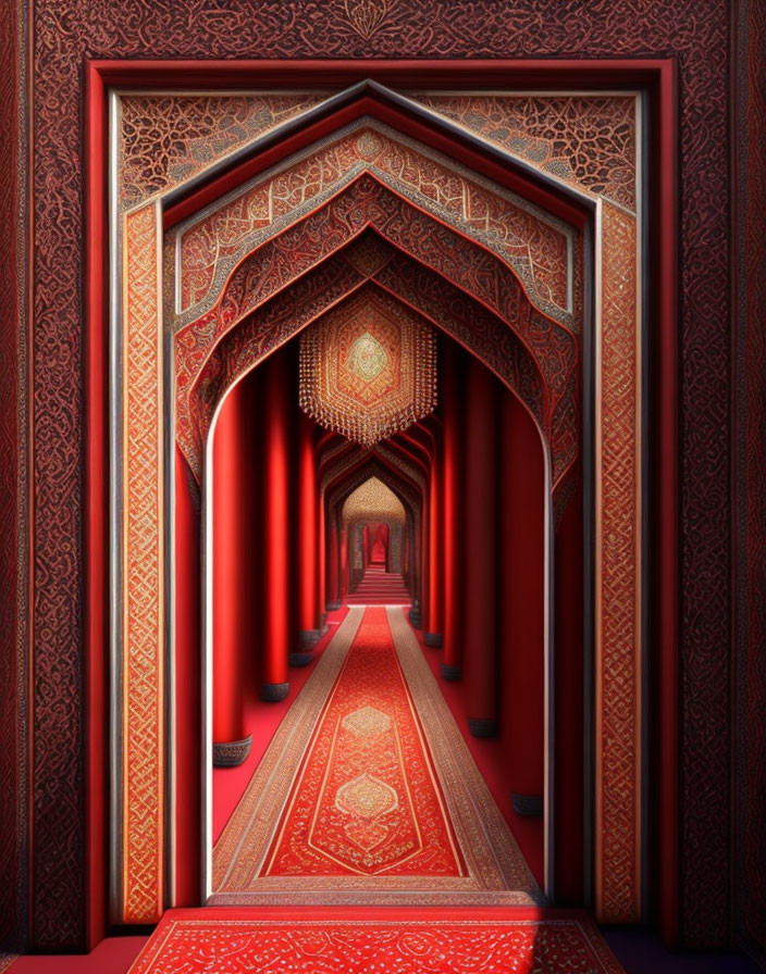 Symmetrical ornate corridor with red and gold patterns and arches