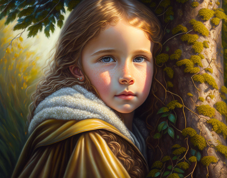 Young girl with wavy hair wrapped in shawl, gazing away in sunlight with mossy tree