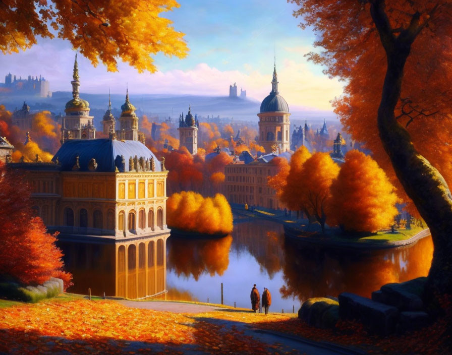 Vibrant autumn scene: colorful trees, people by river, historical buildings with domes.