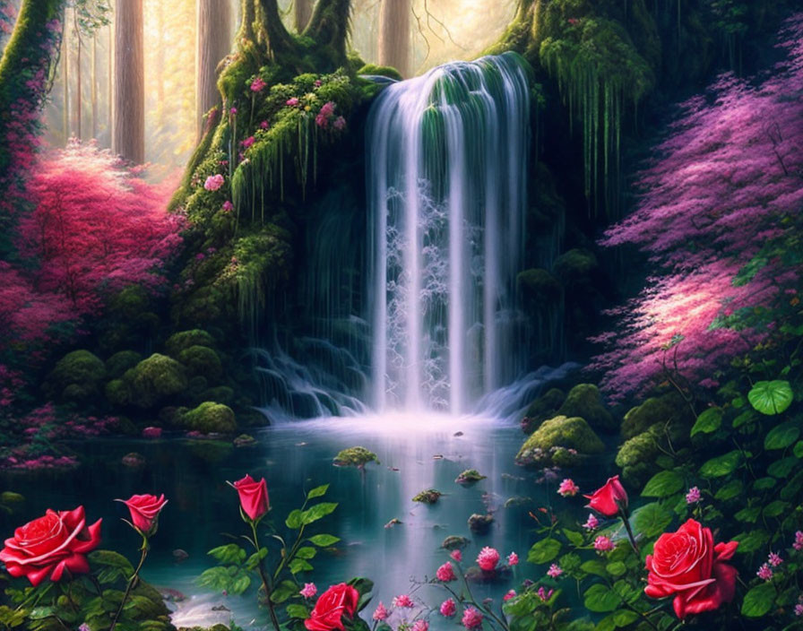 Tranquil waterfall with lush greenery and pink blossoms