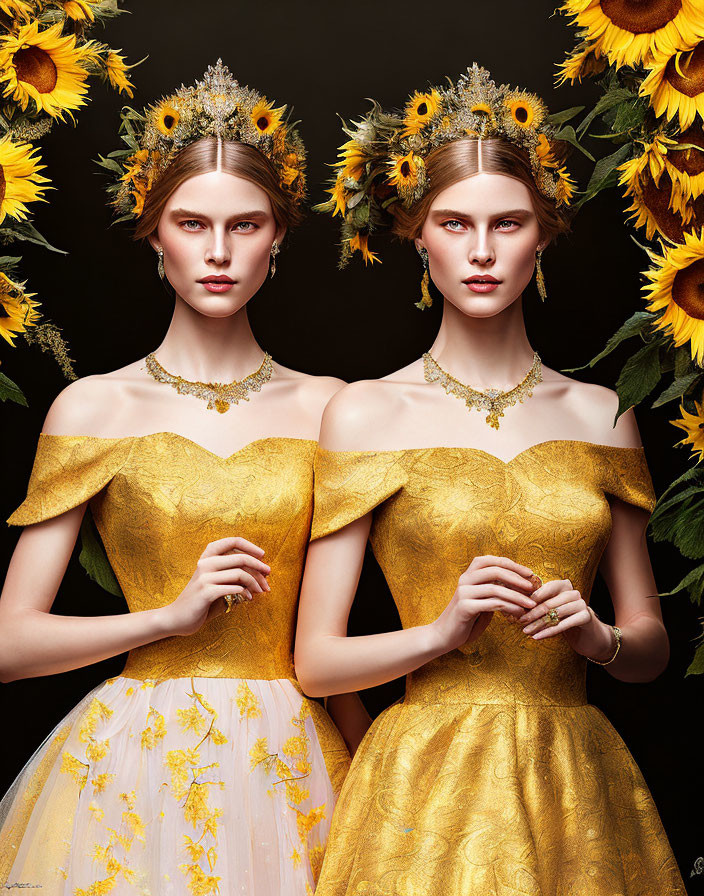 Two women in golden dresses with sunflower crowns in sunflower field