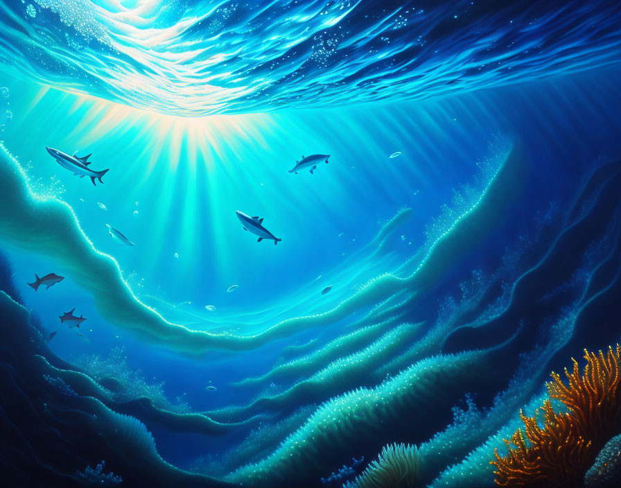 Sunlit Underwater Scene with Fish, Coral Reefs, and Sea Plants