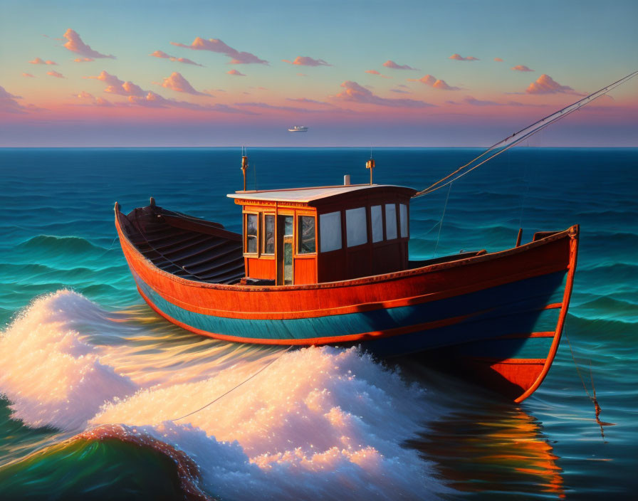 Colorful painting of red and blue boat on waves at sunset with distant ship and pastel sky