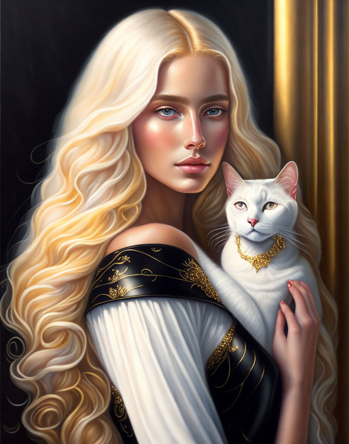 Portrait of Woman with Long Blonde Hair, White Cat, and Striking Blue Eyes