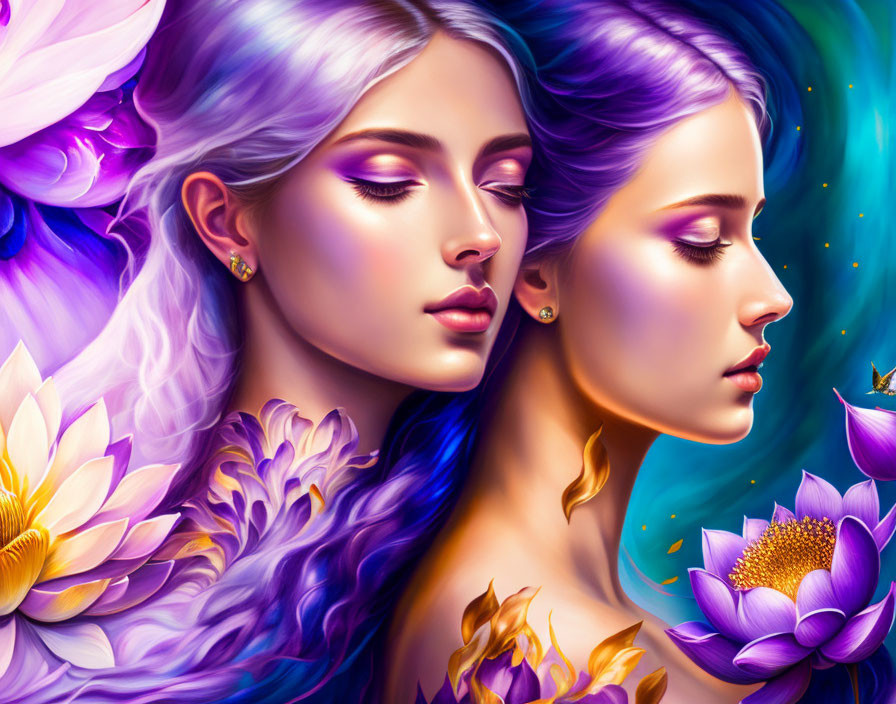 Colorful digital artwork: woman with purple hair and flowers in cosmic setting