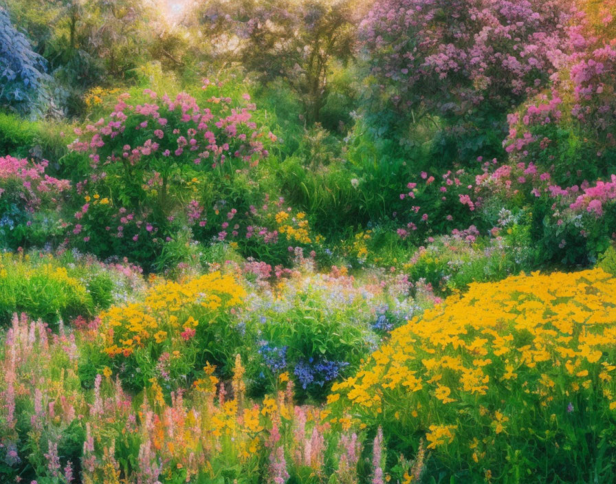 Vibrant impressionistic garden scene with colorful flowers and lush greenery