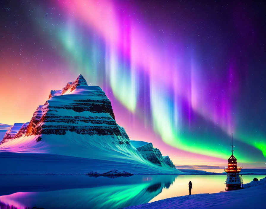 Aurora Borealis Lights Snowy Landscape with Mountain