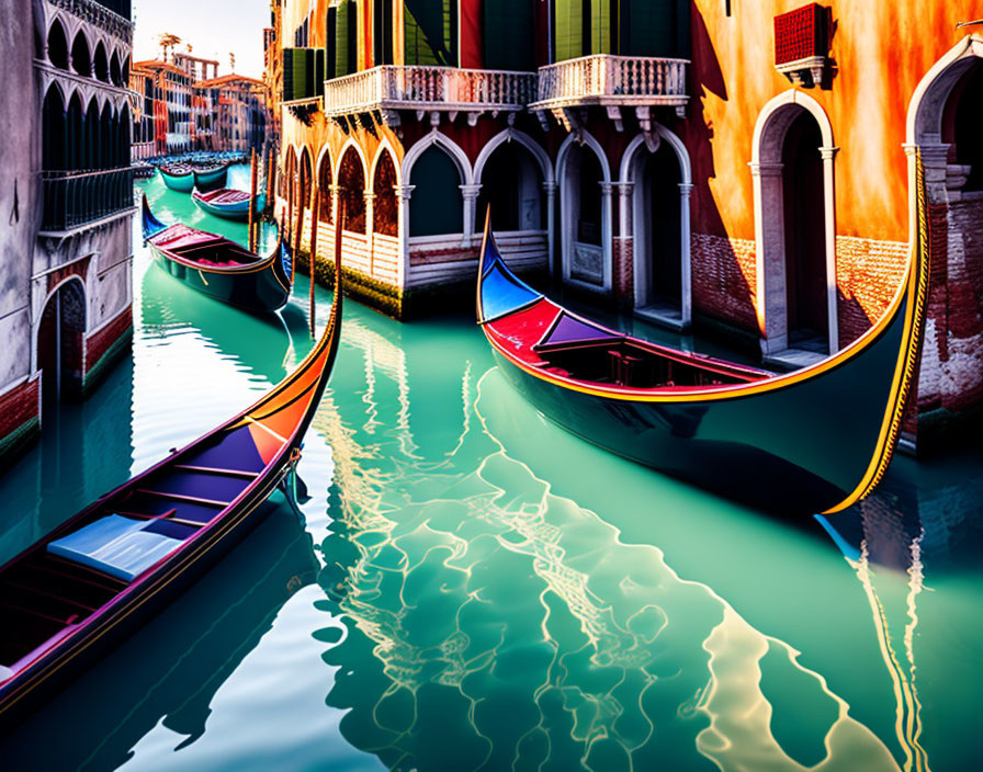 Vibrant Gondolas in Venetian Canal with Historical Building Reflections