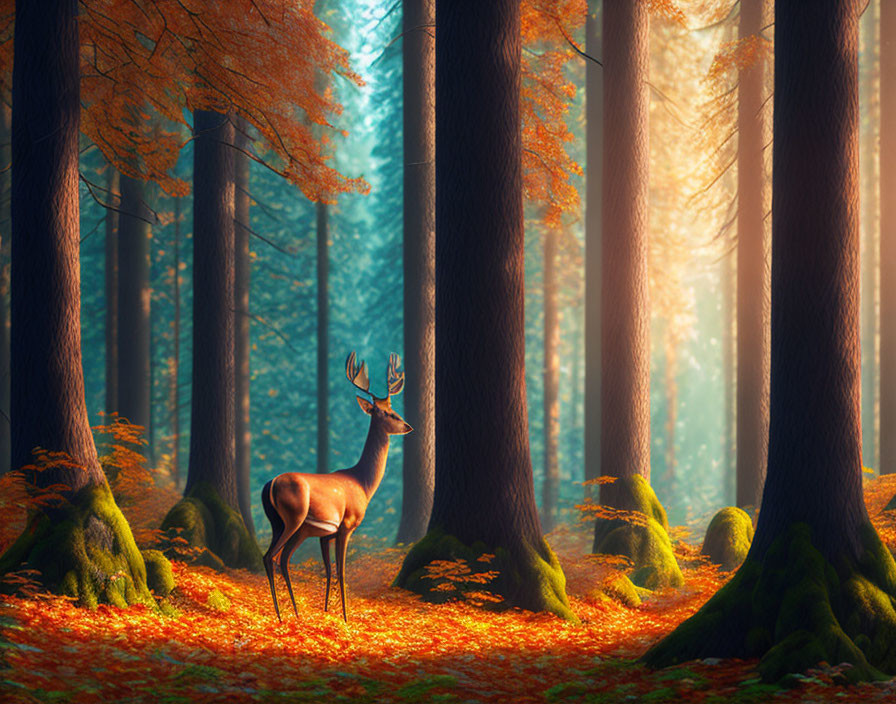 Majestic deer in sunlit forest with orange leaves