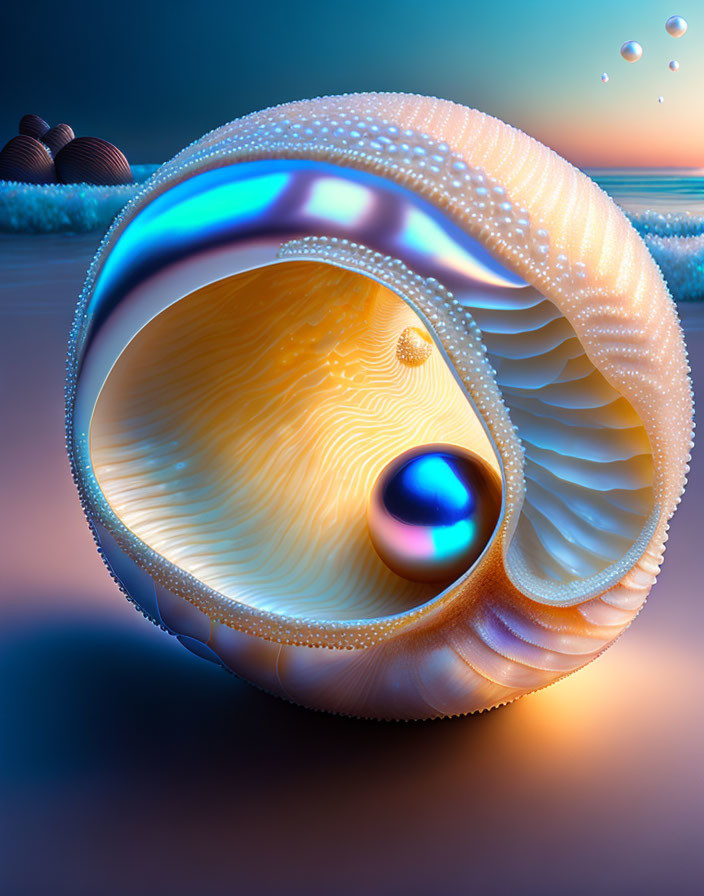 Surreal iridescent shell with glossy sphere on twilight beach backdrop