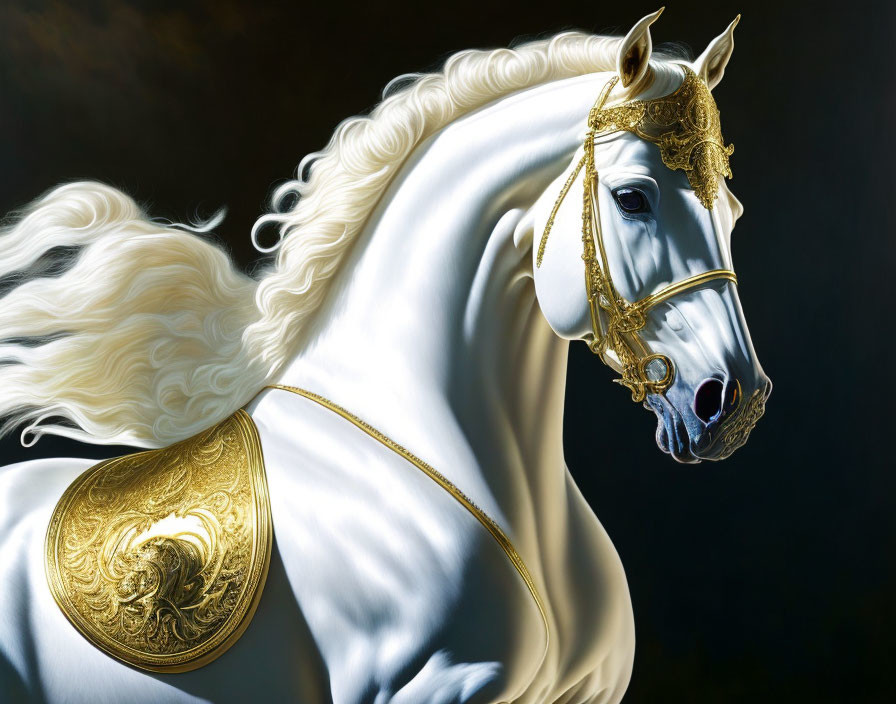 Majestic white horse with golden tack and bridle