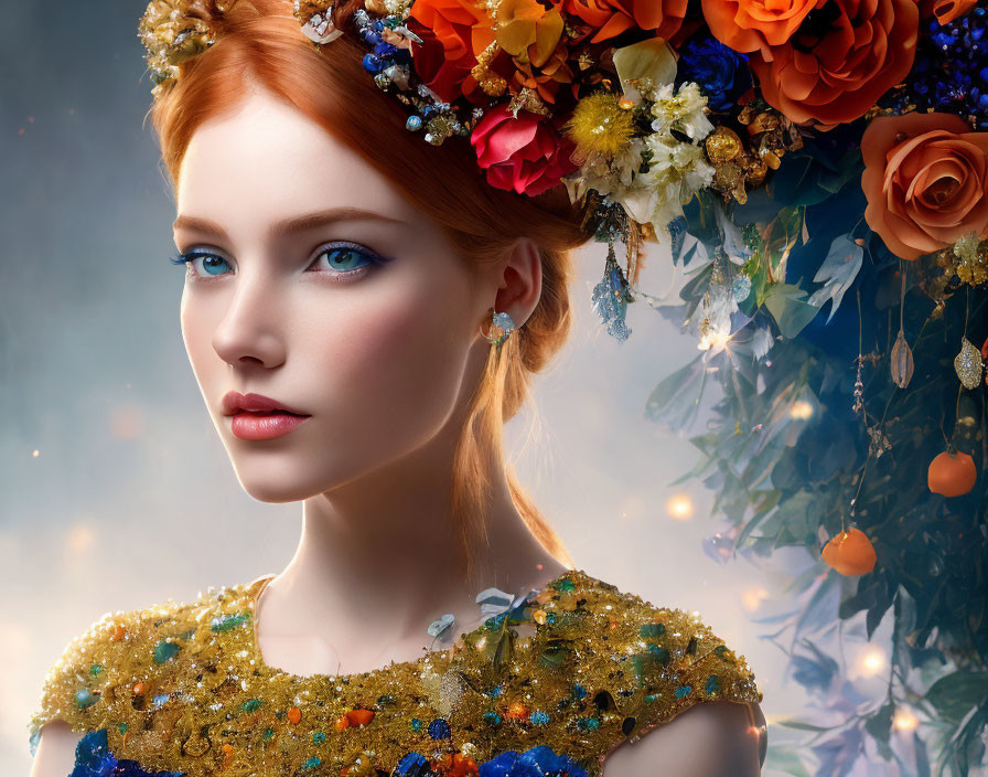 Red-haired woman in floral wreath and golden dress against mystical backdrop