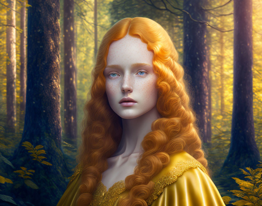 Digital artwork: Woman with red hair in golden dress in ethereal forest