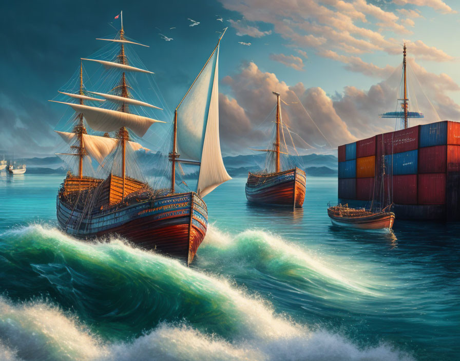 Vintage and modern ships on lively sea with dynamic waves and dramatic sky