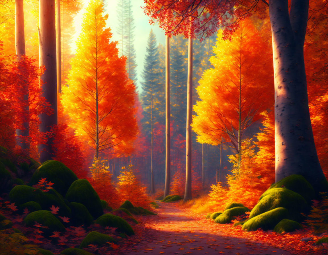 Tranquil Autumn Forest Path with Golden Leaves