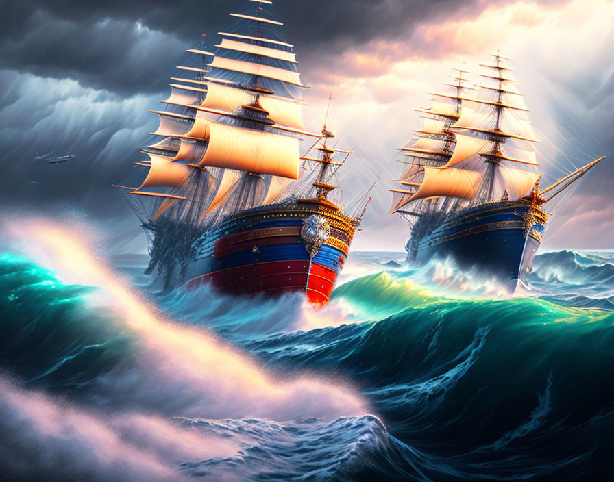 Majestic sailing ships in stormy seas with billowing sails