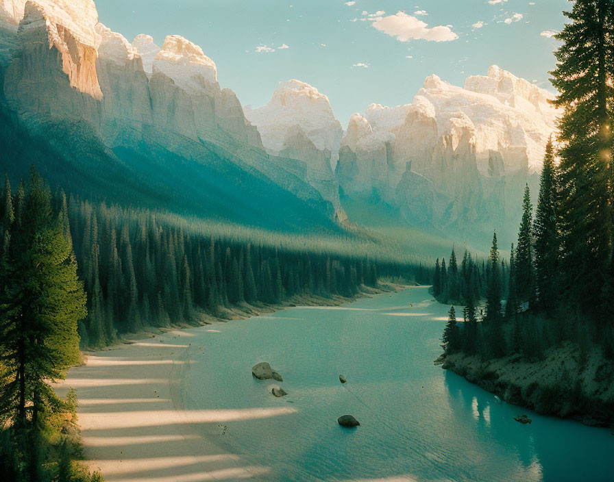 River flowing through pine forest with snow-capped mountains and sunlit rays