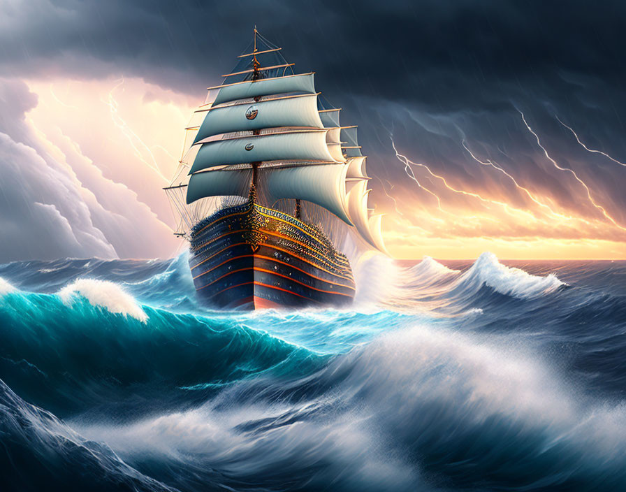 Majestic sailing ship on stormy sea with lightning strikes