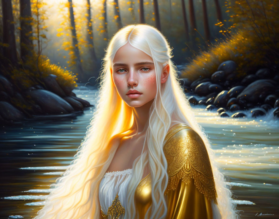 Woman in gold armor with white hair in mystical forest scene