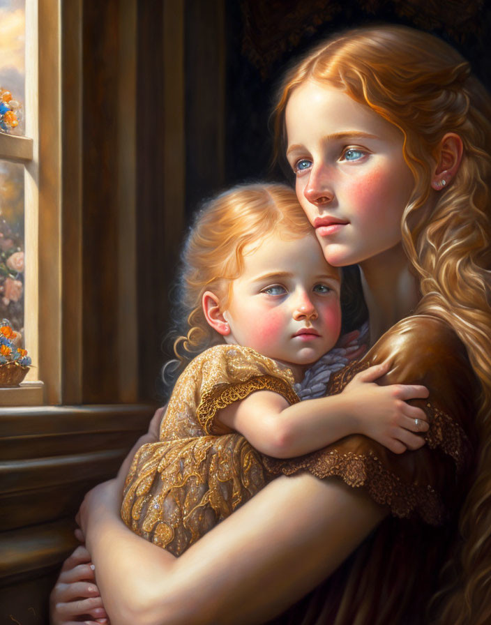 Golden-haired young girls embraced in elegant interior setting