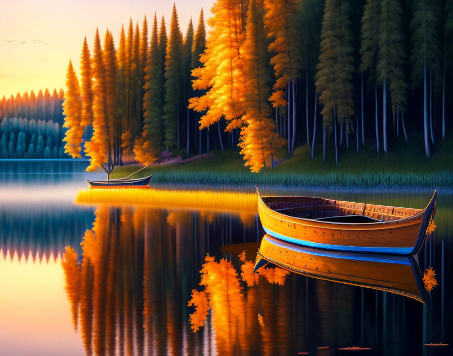 Tranquil sunset scene of autumn trees and boats on a serene lake