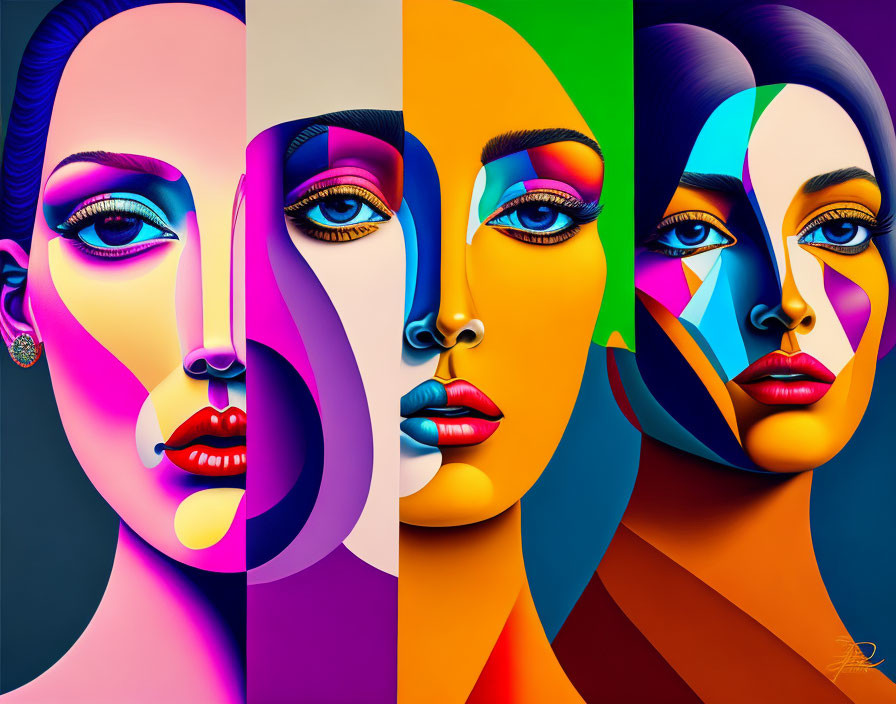 Vibrant, abstract portrait of four stylized female faces with colorful makeup and geometric patterns.