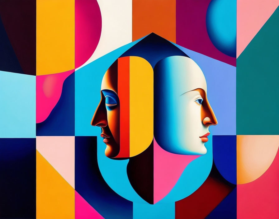 Vibrant abstract artwork: symmetrical faces on colorful geometric background